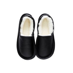 Men's Slippers, Black Leather Snug Shoes, Sheepskin Slip-on, Indoors ...
