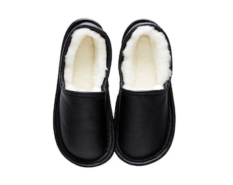 Men's Slippers, Black leather snug shoes, Sheepskin slip-on, Indoors moccasin, Wool mule, Women gifts, Warm comfortable