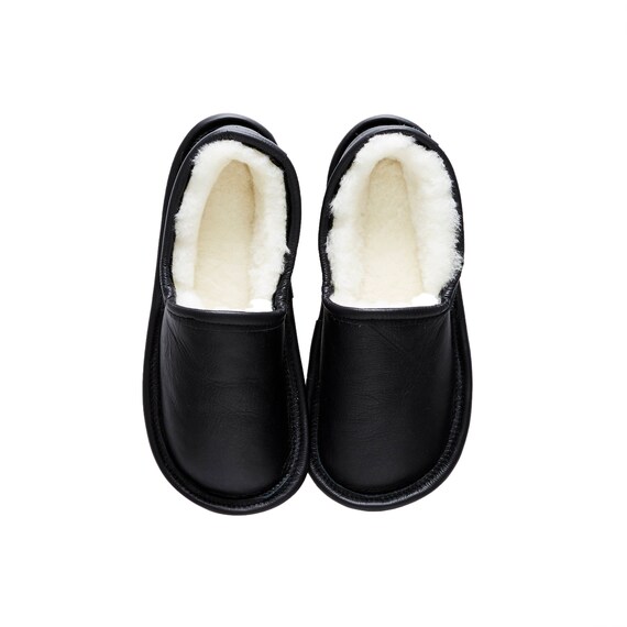 Men's Slippers Black Leather Snug Shoes Sheepskin - Etsy