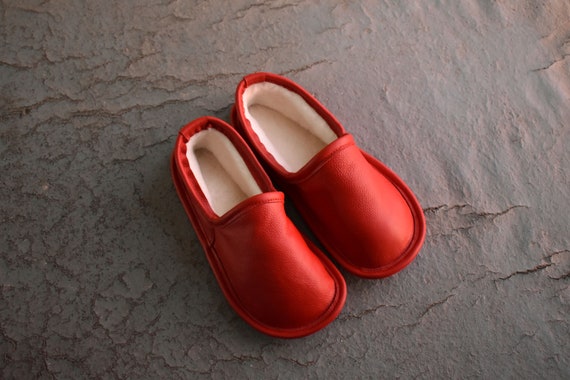 mens red leather slippers
