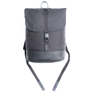 May include: A black backpack with a single buckle closure and adjustable straps.