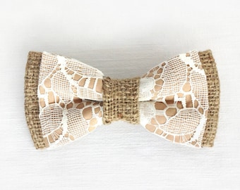 Men's Lace and Burlap Bow Tie. Tan Rustic Bow Tie. Bowtie grooms team, groomsmen gift, bridal party, father of the bride, best man