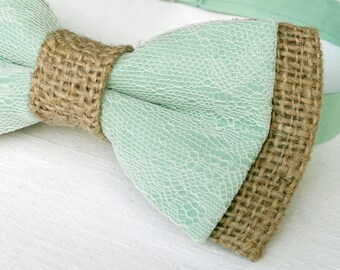 Rustic tan and mint green lace bow tie.