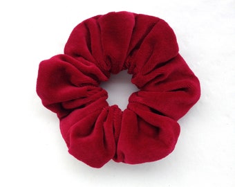 Red velvet scrunchie handmade using vintage cotton