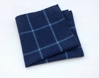Window pane wool pocket square. Light blue checks hankie. Groom's handkerchief. Gift for men