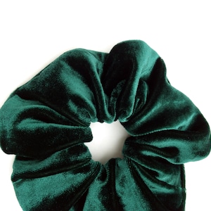 Puede incluir: Una goma para el pelo de terciopelo verde esmeralda oscuro, un accesorio para el cabello, sobre un fondo blanco. La goma para el pelo est&aacute; fruncida y tiene una textura suave y afelpada. La tela refleja la luz, resaltando su rico color y creando sombras.