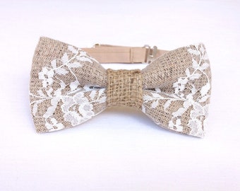 Ivory floral lace burlap bow tie. Rustic wedding bowtie