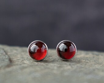 Garnet and Sterling Silver Small Round Stud Earrings