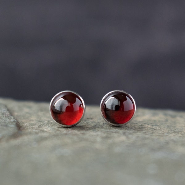 Garnet and Sterling Silver Small Round Stud Earrings