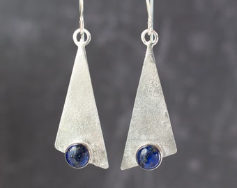 Lapis Lazuli Earrings - Sterling Silver Dangle Earrings - Triangle Jewelry - Modern Contemporary Jewellery - Statement Jewelry