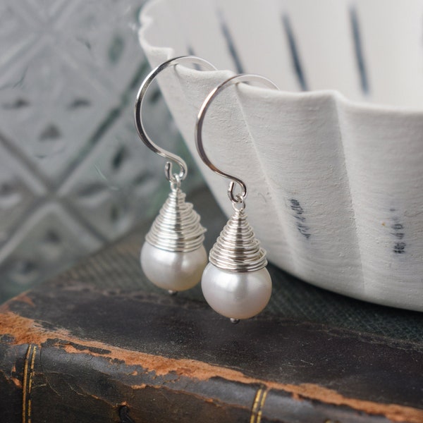 Pearl and sterling silver wire wrapped earrings for weddings, gift for her, girlfriend, mothers day. Handmade in the UK.