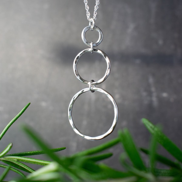 Hammered Silver Necklace | Sterling Silver Jewellery | Long Silver Necklace | Hoop Pendant | Drop Necklace | Necklace for Women