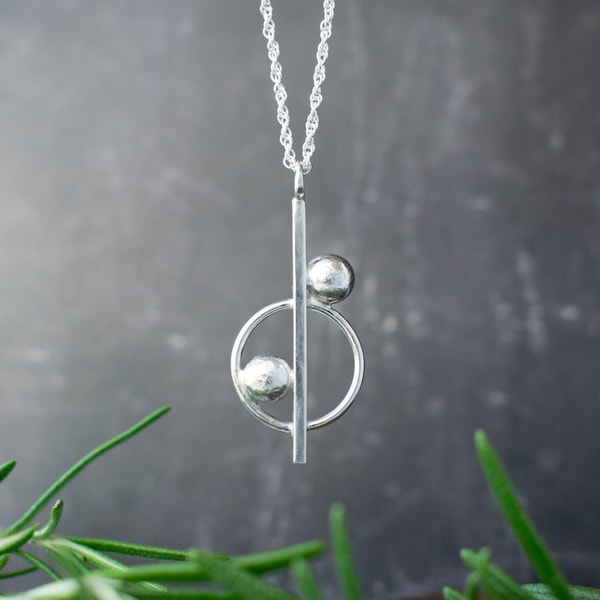 Contemporary Geometric Silver Pendant | Tribal Necklace | Modern | Symbolic | Contemporary Jewellery | Circle | Line | Geometric Necklace