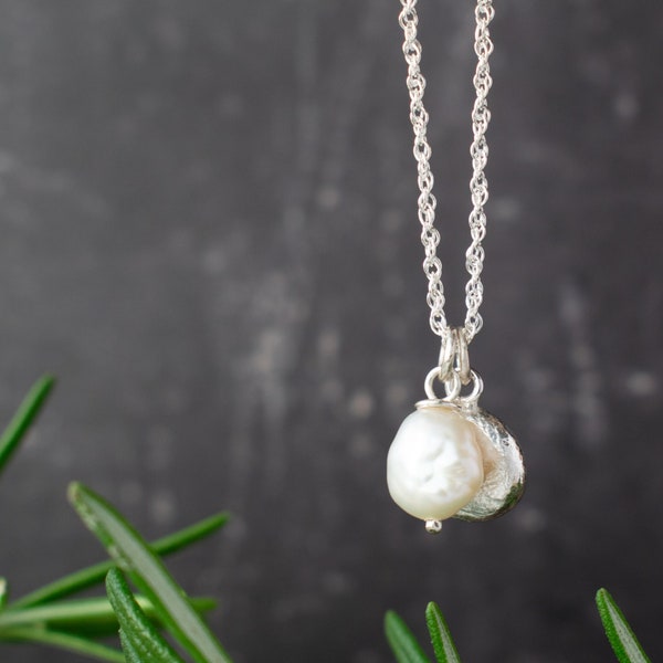 Pearl and Silver Nugget Charm Necklace