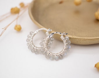 Labradorite Beaded Silver Hoop Earrings