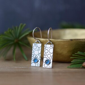 Rectangle Earrings with Blue Topaz Gemstone | Sterling Silver Dangle Earrings | Handmade Silver Jewellery | Textured Contemporary Jewellery