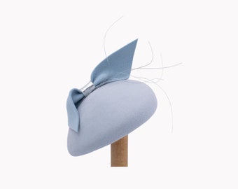 Light Blue Cocktail Hat with Bow and Feathers for Weddings, Racing Events