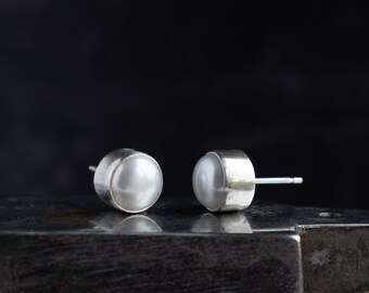 Pearl Earrings - Real Pearl Stud Earrings set in Silver Bezel - One of a Kind Artisan Handmade Jewellery
