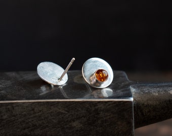 Real Amber Earrings - Amber Silver Stud Earrings - Silver Disc Stud Earrings - Artisan Handmade Jewellery