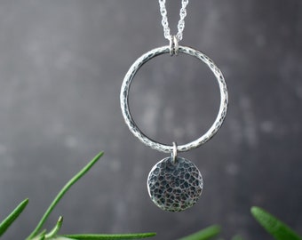 TITUS silver hoop necklace | hammered silver circles pendant | handmade artisan jewellery | rustic industrial style