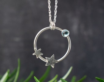 Silver Circle Necklace with Stars and Topaz - STARRY NIGHT pendant