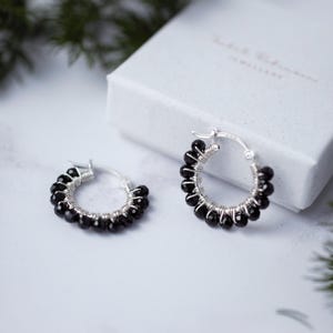 Black Beaded Hoop Earrings Handmade in Sterling Silver with Gemstone Beads
