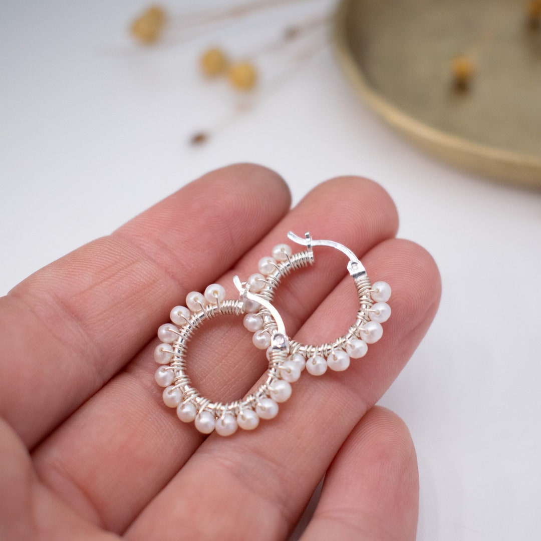 Silver Pearl Mini Hoop Earrings main image 1