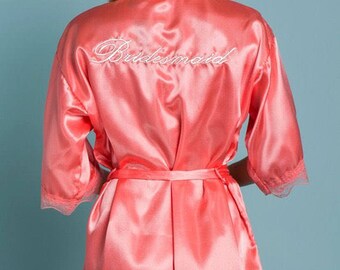 Blush Pink Satin Lace Bridesmaid Embroidered Robe-Free Ship