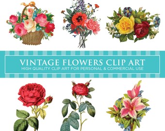 VINTAGE FLOWERS x 6 (Pack No. 2) - Floral Digital Clip Art Graphics for Personal or Commercial Use