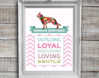 GERMAN SHEPHERD Floral Printable Wall Art - Instant Digital Download Print