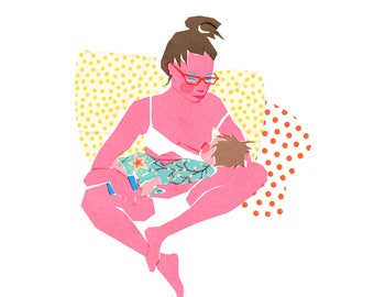 Archival Art Print - Mother's Day Gift, Mother Gift, New Mum, Breastfeeding Art, Motherhood Art, Body Positive, Collage, Paper Cut, Pink