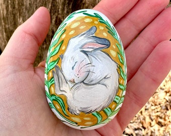 Hand Painted Sleeping Bunny Wooden Easter Egg- Personalized Egg Ornament- Polish Pisanki- Custom Pysanky- Easter Gift- Easter Decoration