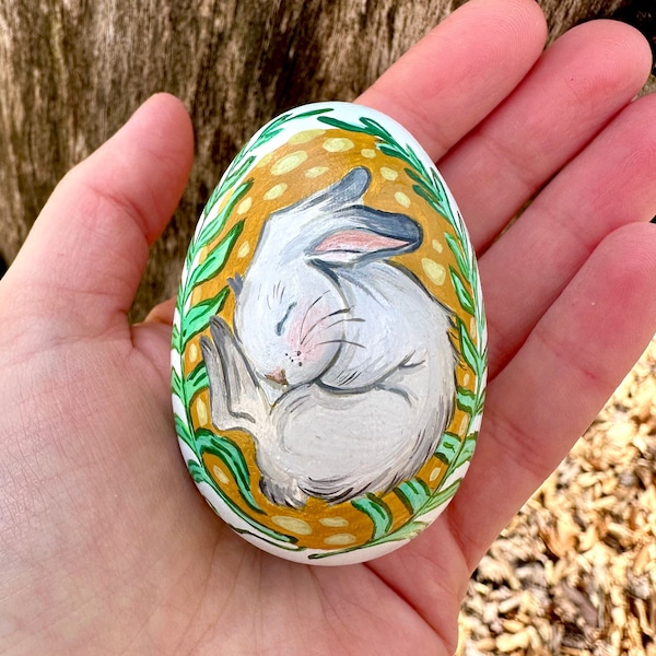 Hand Painted Sleeping Bunny Wooden Easter Egg- Personalized Egg Ornament- Polish Pisanki- Custom Pysanky- Easter Gift- Easter Decoration