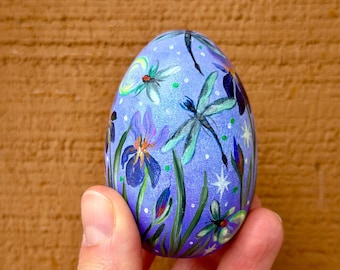 Hand Painted Dragonflies Wooden Easter Egg- Blue Irises and Fireflies Egg Ornament- Custom Pysanky- Easter Pisanki Gift- Easter Decor