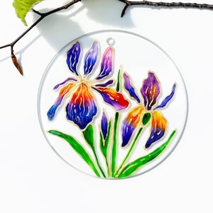 Hand Painted Blue and Purple Irises Glass Suncatcher, Flowers Glass Ornament for window, Gift for Her, Housewarming Gift, Birthday Gift