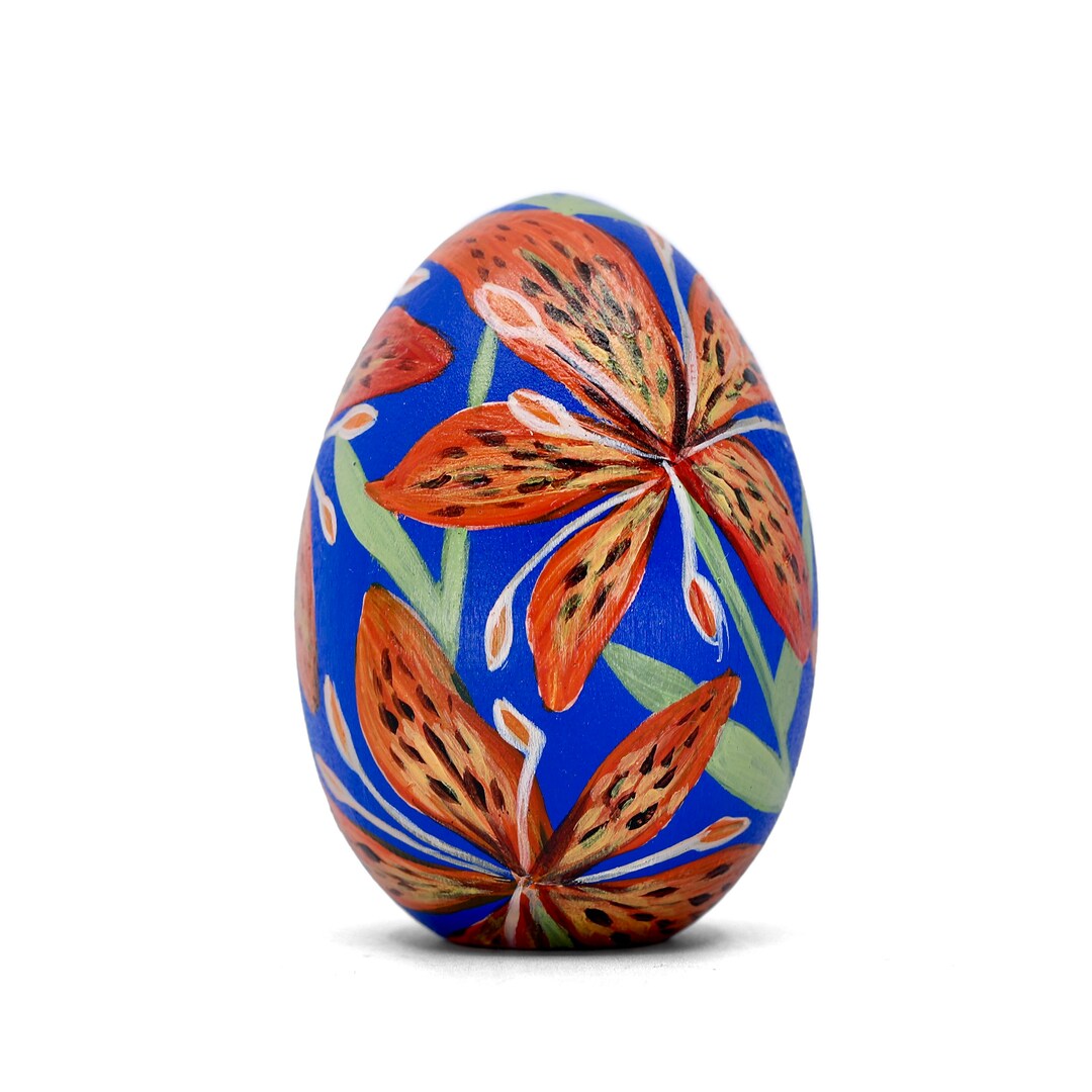 Hand Painted Flowers Wooden Easter Egg Orange Tiger Lilies Egg Ornament ...