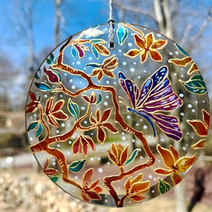 Hand Painted Magnolia Tree Glass Suncatcher for window, Botanical Stained Glass Decoration, Butterfly Floral glass painting, Flower Ornament image 2