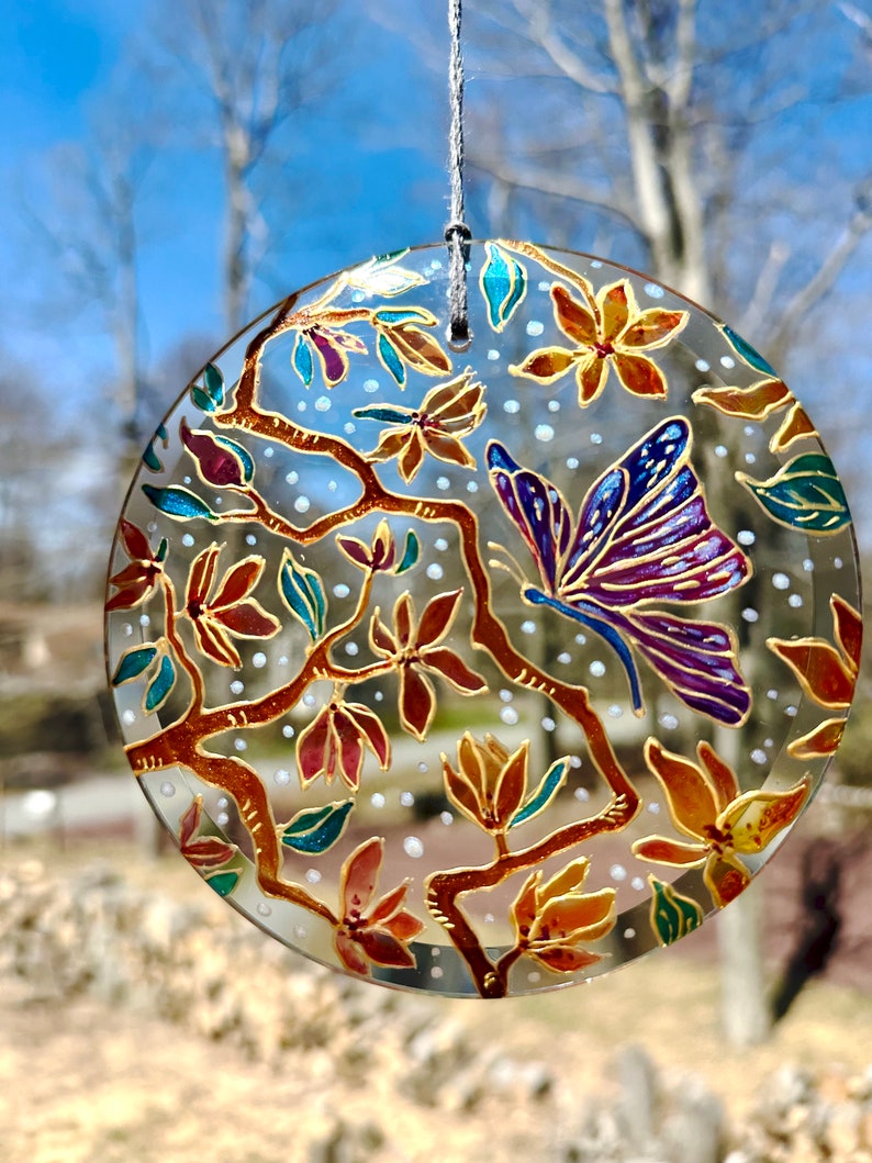 Hand Painted Magnolia Tree Glass Suncatcher for window, Botanical Stained Glass Decoration, Butterfly Floral glass painting, Flower Ornament image 2