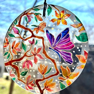 Hand Painted Magnolia Tree Glass Suncatcher for window, Botanical Stained Glass Decoration, Butterfly Floral glass painting, Flower Ornament image 1