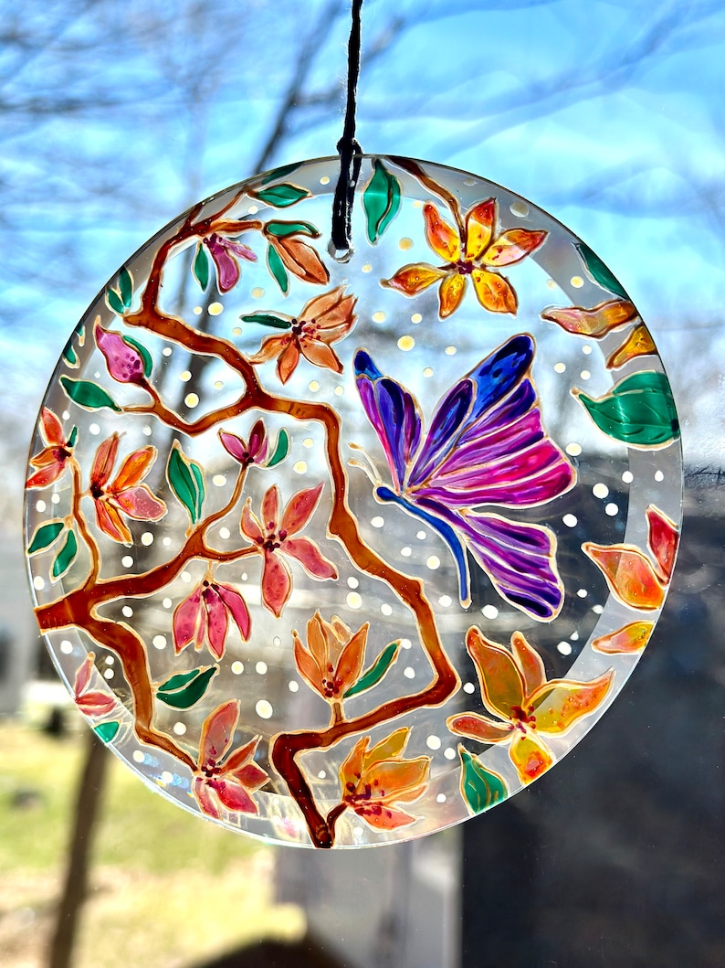 Hand Painted Magnolia Tree Glass Suncatcher for window, Botanical Stained Glass Decoration, Butterfly Floral glass painting, Flower Ornament image 1