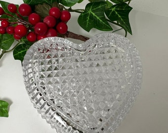 Vintage Crystal Lidded Heart Shaped Trinket Ring Dish or Home Decor