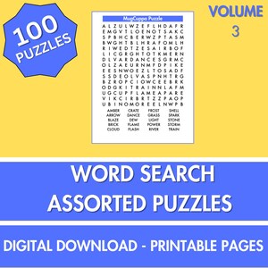 Word Search Puzzle | 100 Printable Puzzles for Kids and Adults | Includes Solutions | Printable Pages | Digital Instant Download PDF | Vol 3