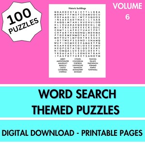 Word Search Themed Puzzle | 100 Printable Puzzles Adults | Includes Solutions | Printable Pages | Digital Instant Download PDF | Vol 6