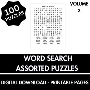 Word Search Puzzle | 100 Printable Puzzles for Kids and Adults | Includes Solutions | Printable Pages | Digital Instant Download PDF | Vol 2