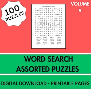Word Search Puzzle | 100 Printable Puzzles for Kids and Adults | Includes Solutions | Printable Pages | Digital Instant Download PDF | Vol 5
