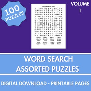 Word Search Puzzle | 100 Printable Puzzles for Kids and Adults | Includes Solutions | Printable Pages | Digital Instant Download PDF