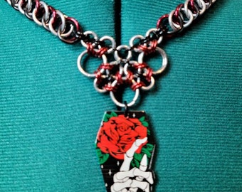 Red black and silver chainmail Necklace with acrylic Rose skeleton hand coffin pendant unique Gothic jewelry