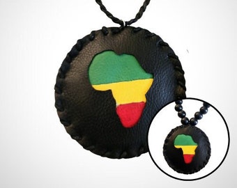 1990s Leather Africa Medallion with Rastafarian Colors - Handbraided Necklace - Beaded Necklace