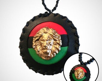 Faux Leather RBG, Lion Head Medallion - Handbraided Necklace - Beaded Necklace - African American Flag - 90s Inspired - Pan African Flag