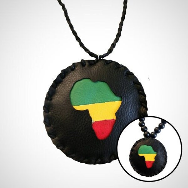 1990s Leather Africa Medallion with Rastafarian Colors - Handbraided Necklace - Beaded Necklace